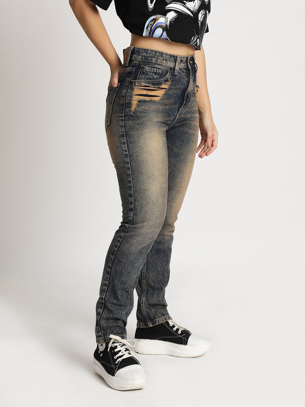 Women Tinted Jeans with Pocket Distress