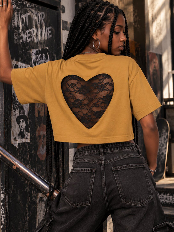 Women Mustard Cropped Heart Lace T-Shirt