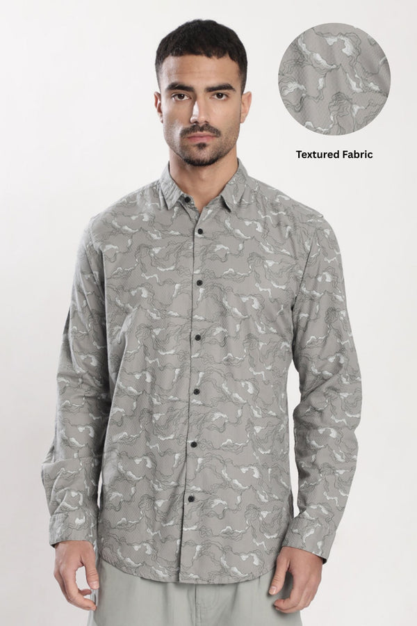Men Grey Abstract Print Slim Fit  Shirt