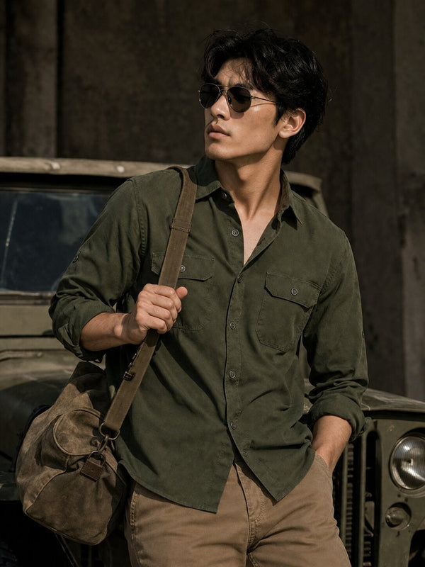 Men Olive double pocket Regular Fit Pure Cotton Casual Shirt