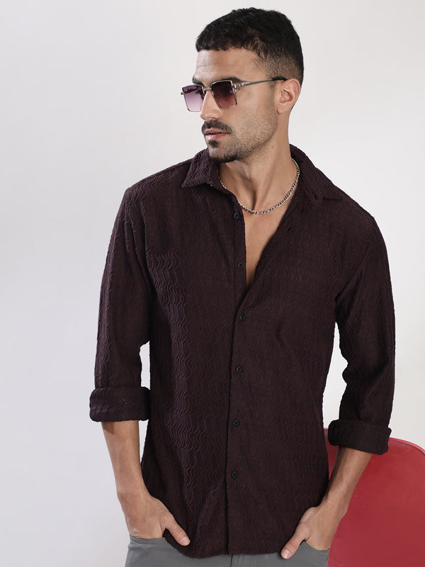 Men Plum Spread Collar Knitted Shirt