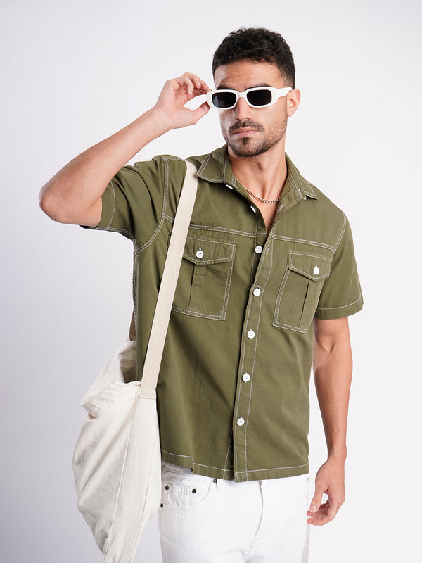 Men Orange Contrast Stitch Relax Fit Casual Shirt