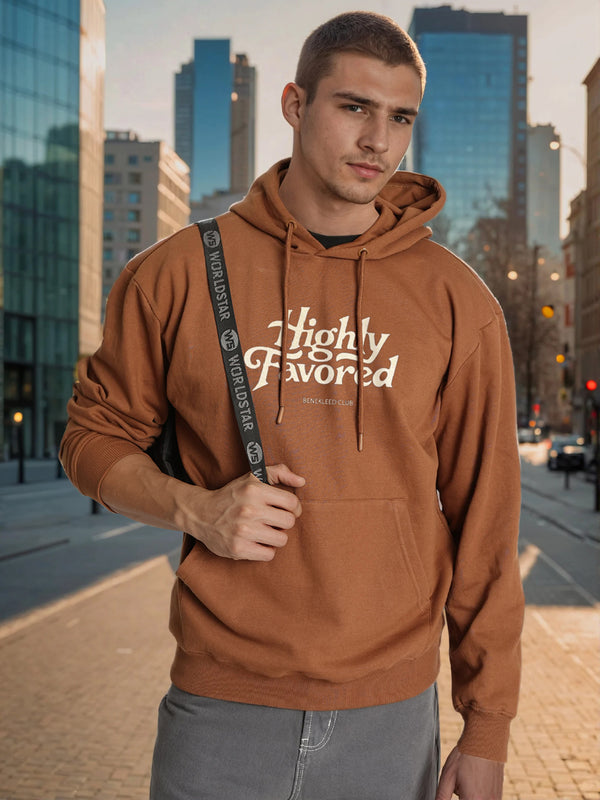 Men Relax fit kangaroo pocket Graphic printed Brown hoodie
