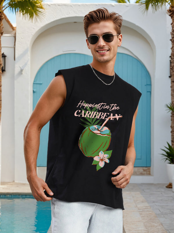 Men Oversized Black Sleeveless Graphic T-Shirt