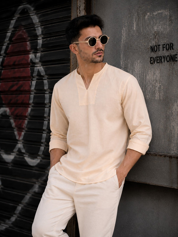 Men Peach Cotton Linen Slim fit Short Kurta