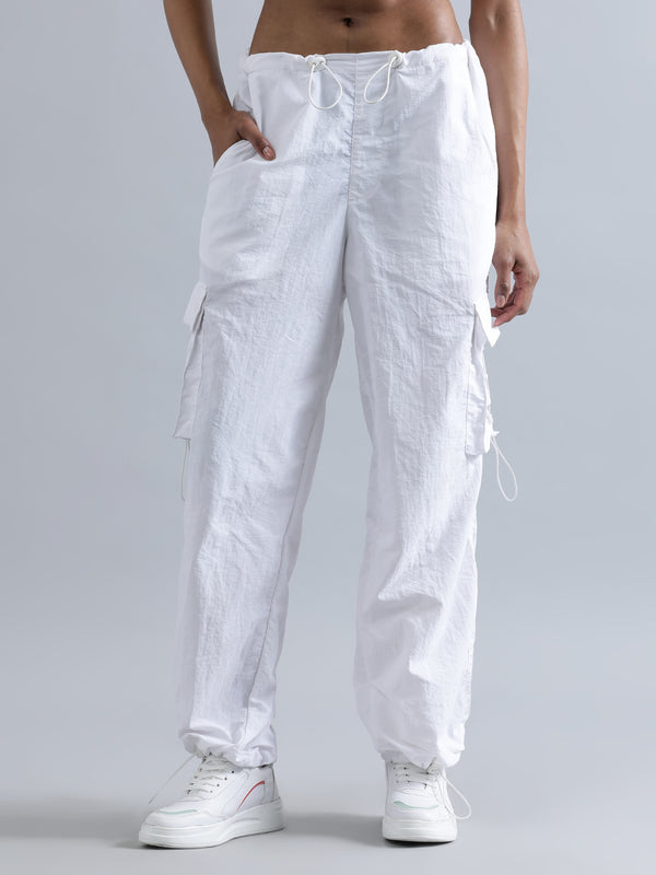 Women White Parachute Fit High Rise Solid Cargo Jogger with Tie-Up Pocket Detailing
