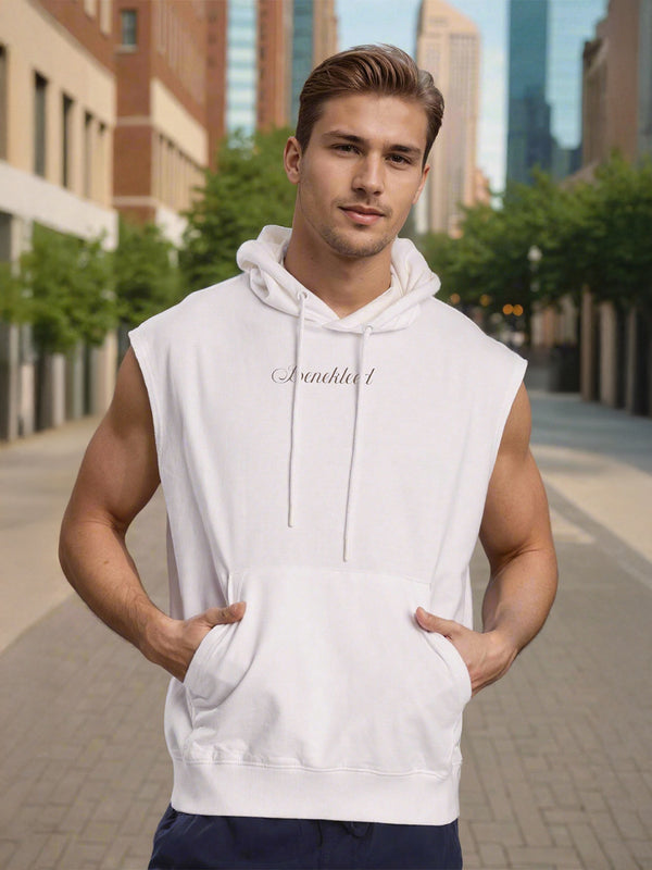 Men off white Graphic Printed Sleeveless Hoodie with kangaroo pocket