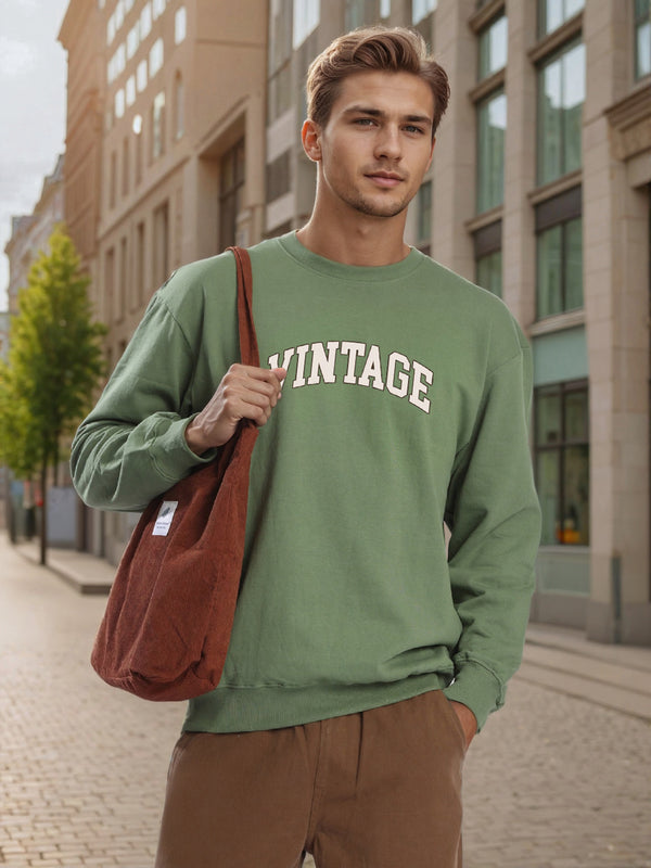 Men Crew Neck Drop Shoulder Graphic Printed Olive Sweatshirt