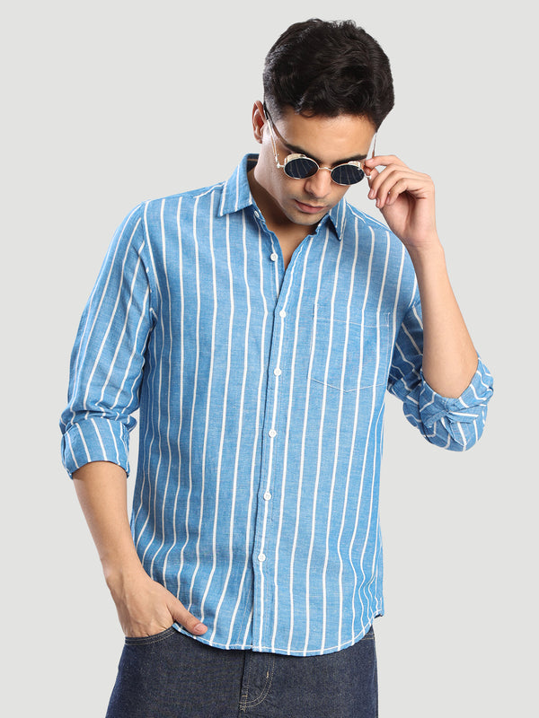 Men Blue Cotton linen Spread collar Shirt