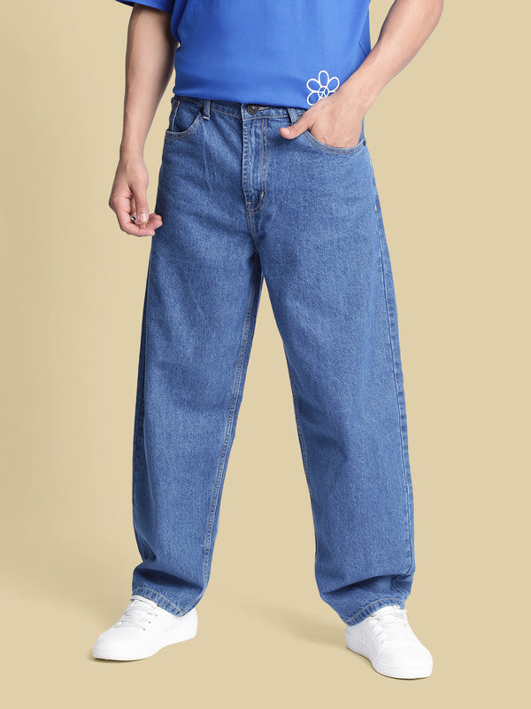 Men Solid Light Blue Barrel Fit Jeans