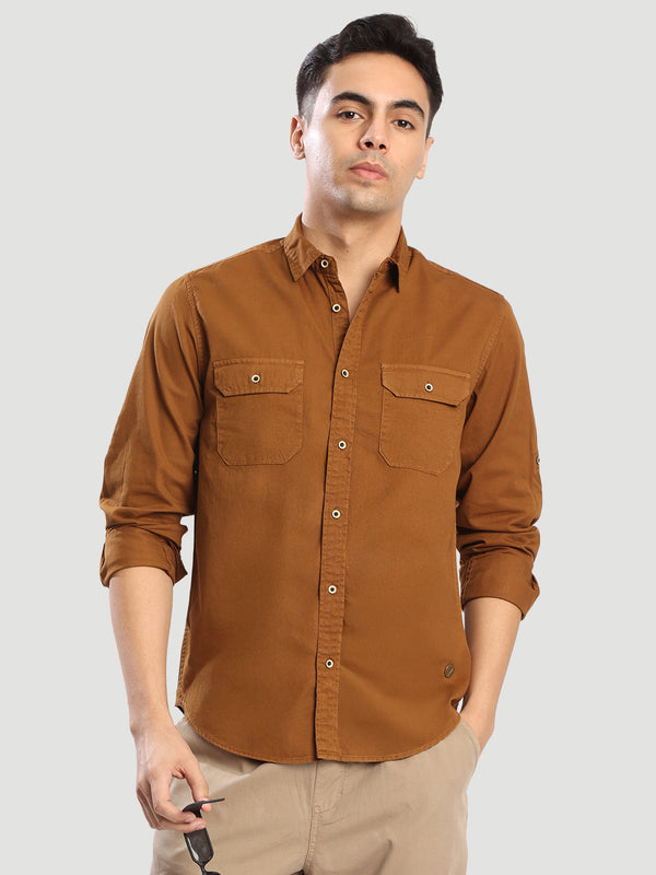 Men Brown Regular fit Double Pocket Shirt
