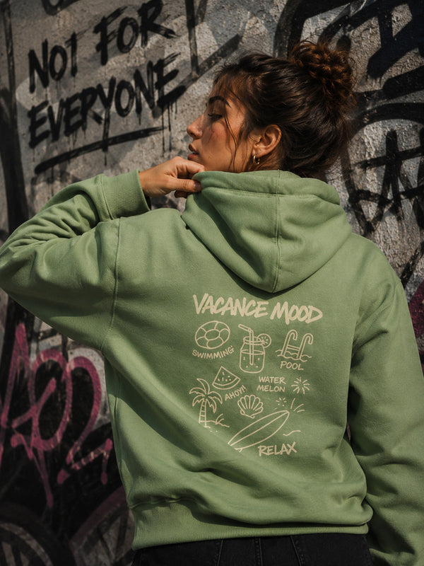 Women Olive Relax Fit Kangroo Pocket Graphic Printed Hoodie