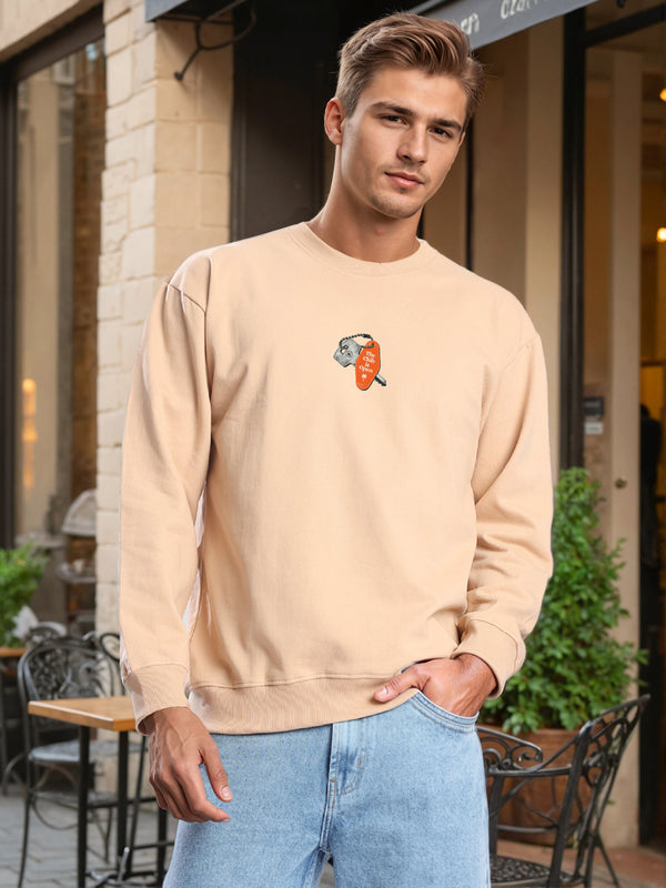 Men Crew Neck Drop Shoulder Graphic printed Beige Sweatshirt