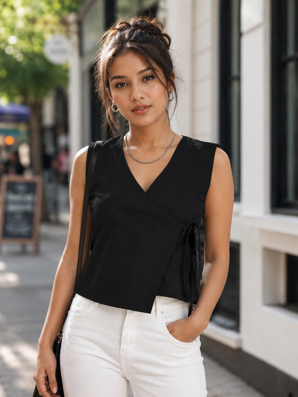 Women Over Lap Black Adjustable Top With Side Knot