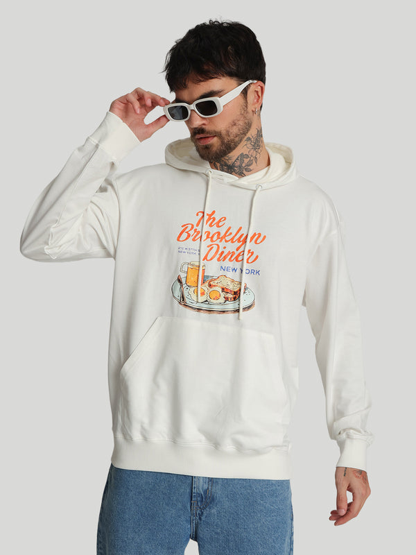Men Light Weight Kangaroo Pocket Graphic Printed Off White Hoodie