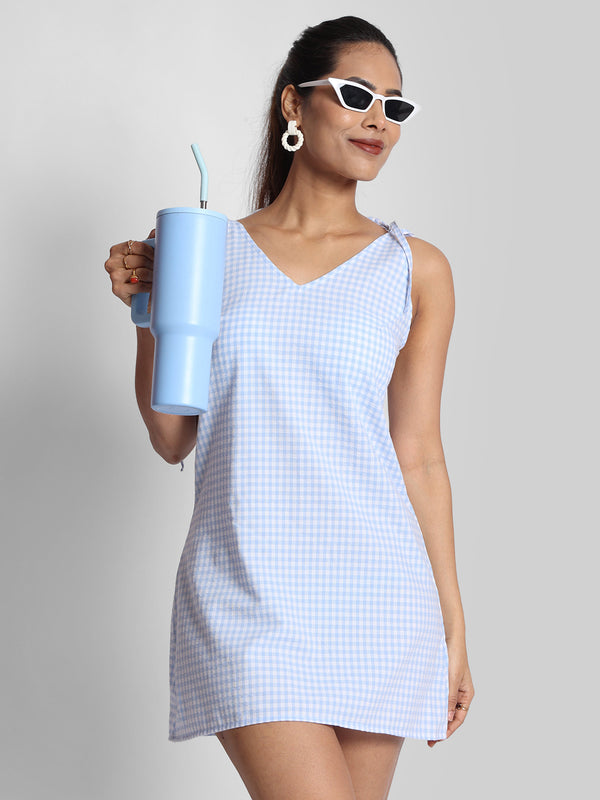 Women Shoulder Tie Up Short Checkered Dress