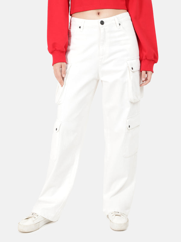 Women White Relaxed Fit Solid Denim Cargo Jeans