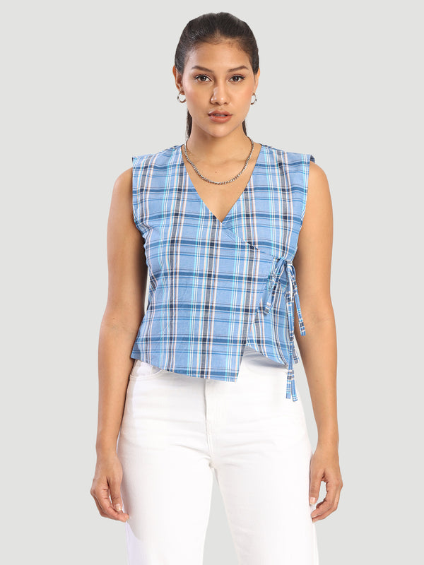 Women Over lap blue white checked Adjustable Top with side knot