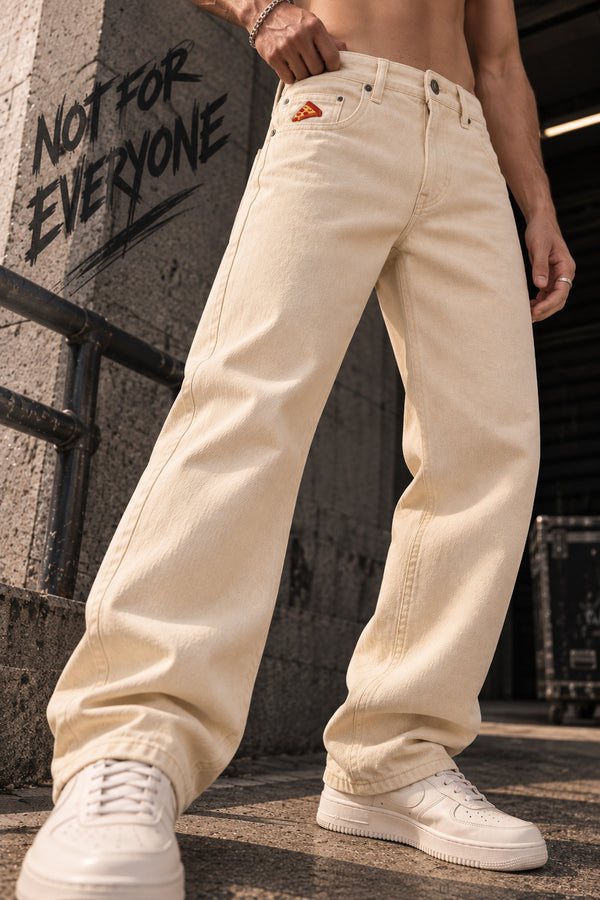 Men Ecru Straight Pizza Badge Jeans