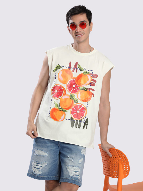 Men Beige Graphic Printed T-Shirt with Sleeveless Extended Sleeves
