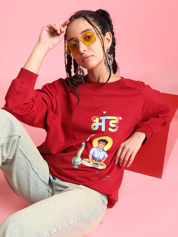 Women Red Full Sleeve Oversize Printed Sweatshirt