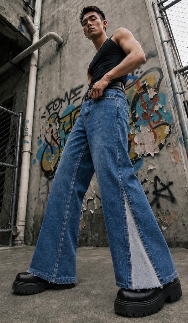 Men Wide Leg Washed Denim with Side Panels