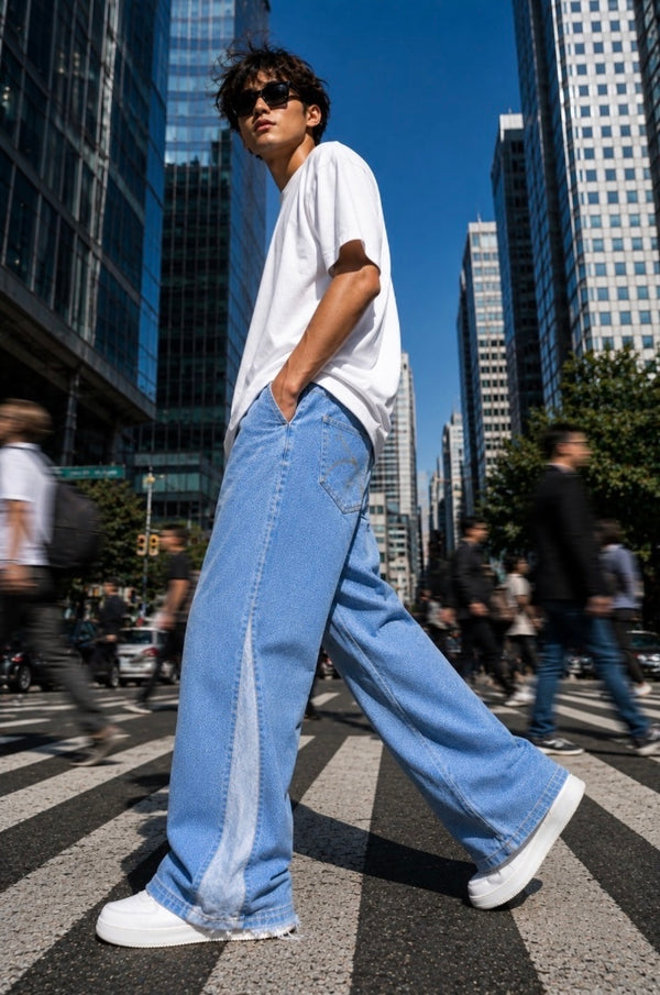 Men Wide Leg Washed Denim with Side Panels