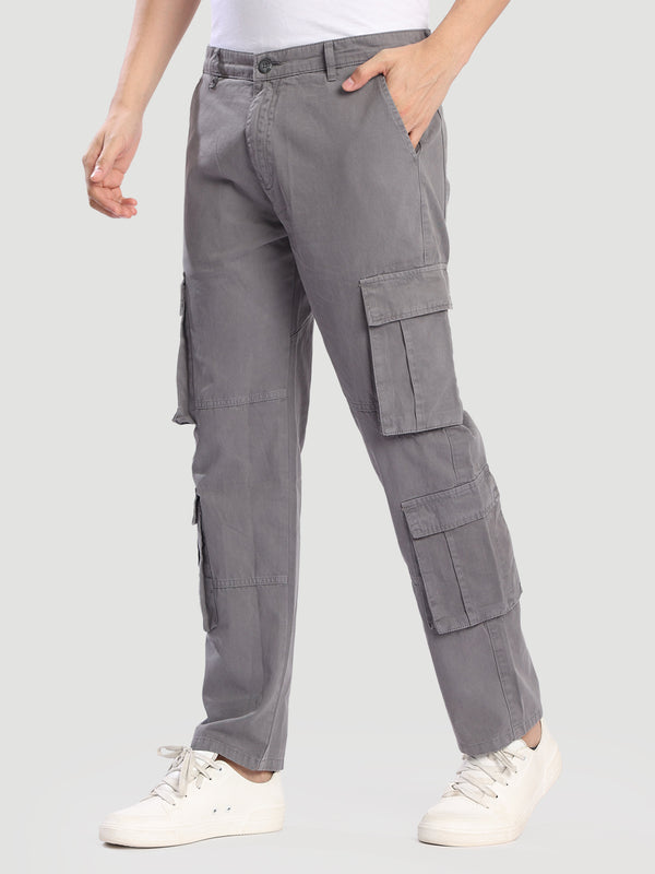 Mens Solid Grey With Box Pleats Double Pockets cargo trouser