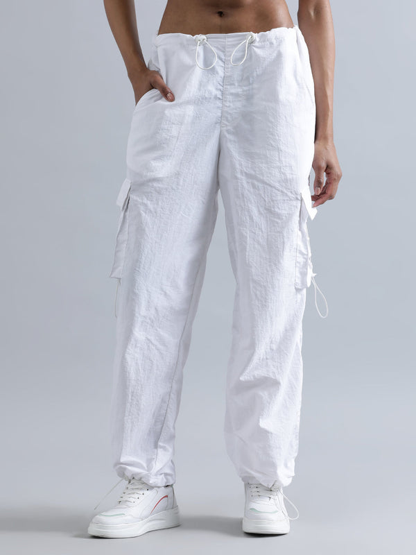 Women White Parachute Fit High Rise Solid Cargo Jogger with Tie-Up Pocket Detailing