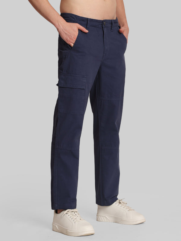 Men Navy Blue Mid-Rise Straight Fit Cargo Casual Trouser