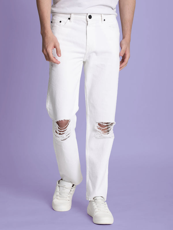 Mens White Knee-Slash Relaxed Fit Jeans