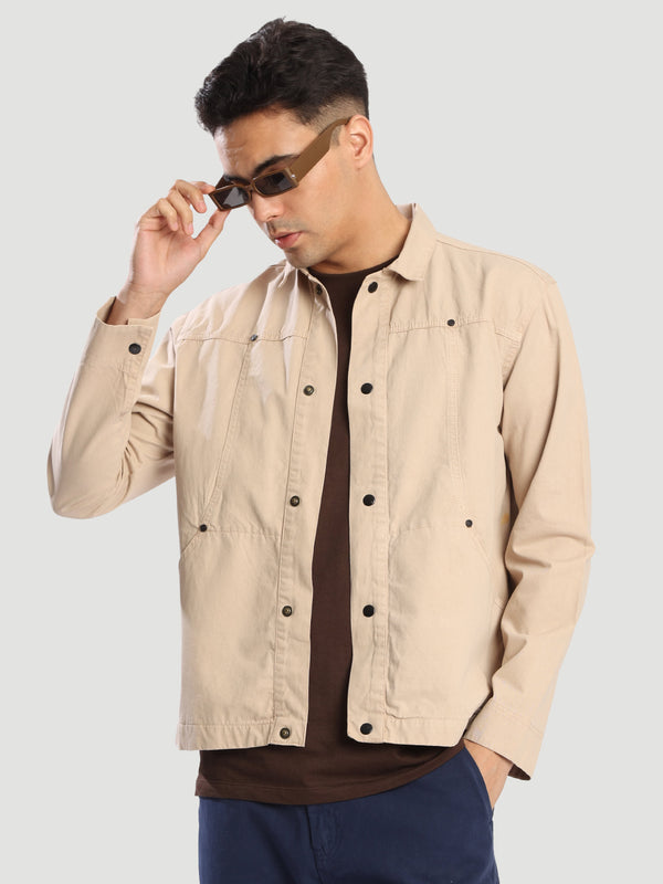 Men Beige KANGAROO POCKET relaxed JACKET