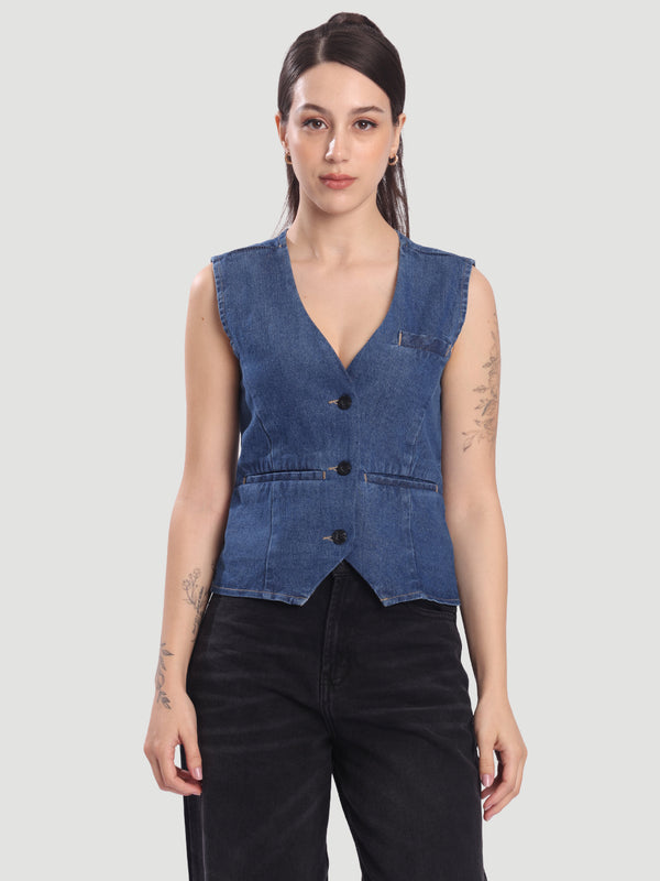 Women Denim V neck Blue Wasit coat