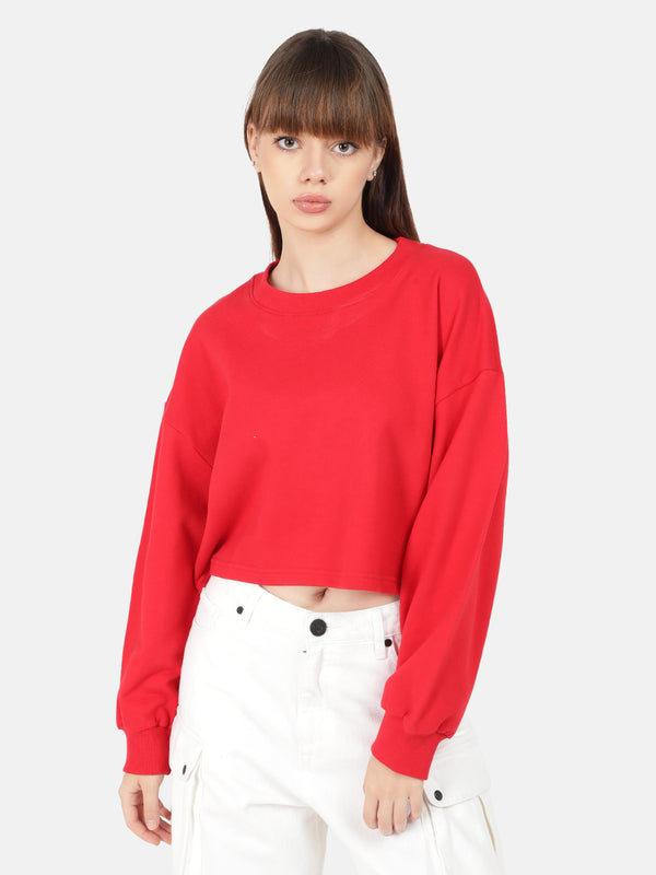 Women Red Solid Cropped Length Oversized Sweatshirt