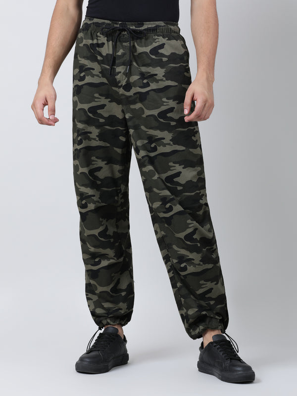 Men Olive Cargo Parachute Fit Trousers