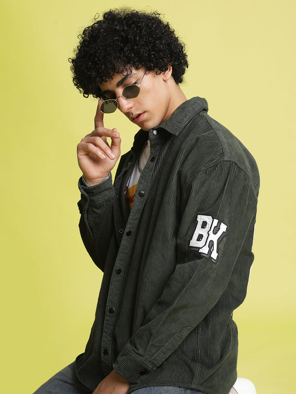 Men Green Varsity Patchwork Corduroy Printed Jacket