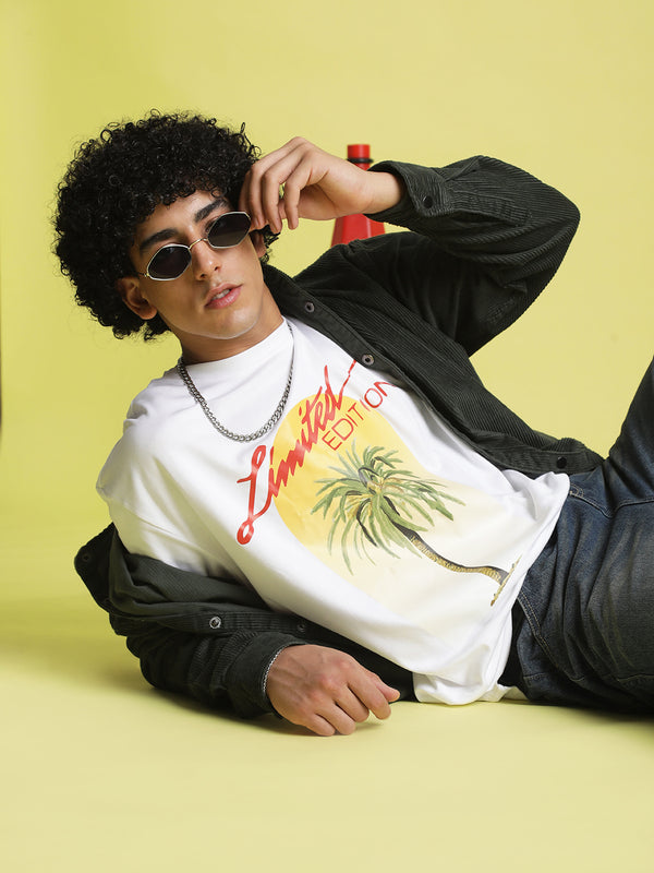 Men White Typography Printed Oversized T-Shirt