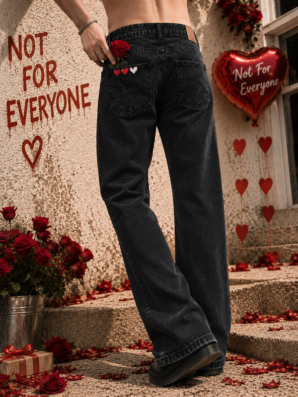 Men Black Bootcut Korean Heart Badge Jeans