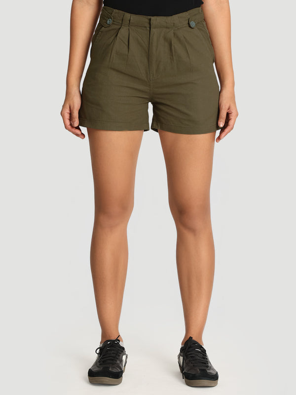 Women regular fit olive pleated shorts