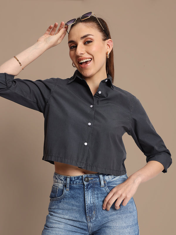 Women Relaxed Fit Floral Textured Crop Shirt