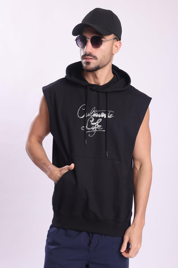 Men Black Graphic Printed Sleeveless Hoodie with kangaroo pocket