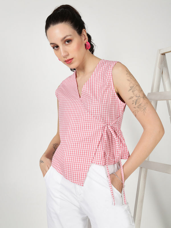 Women Pink Overlap Check Top with Side Knot