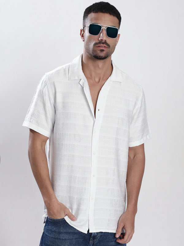 Men White Textured Resort Collar Shirt