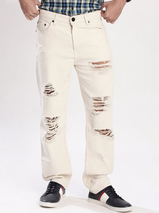 Men Ecru Relaxed Heavy Distressed Jeans