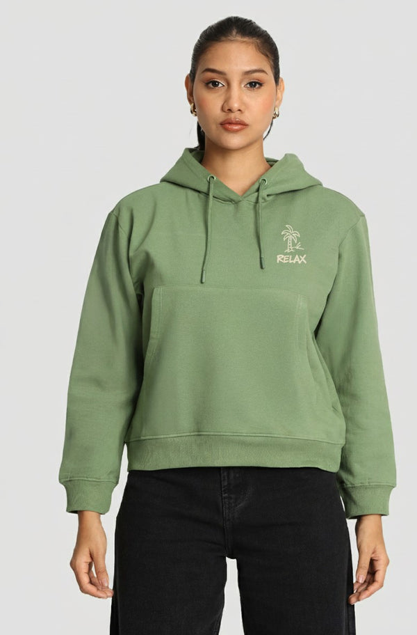 Women Olive Relax Fit Kangroo Pocket Graphic Printed Hoodie