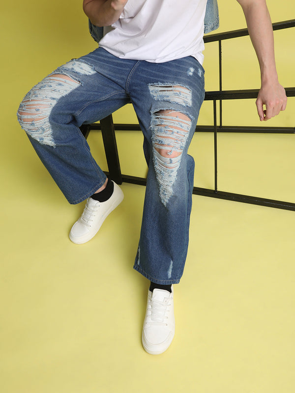 Men Blue Distressed Baggy Denim Jeans