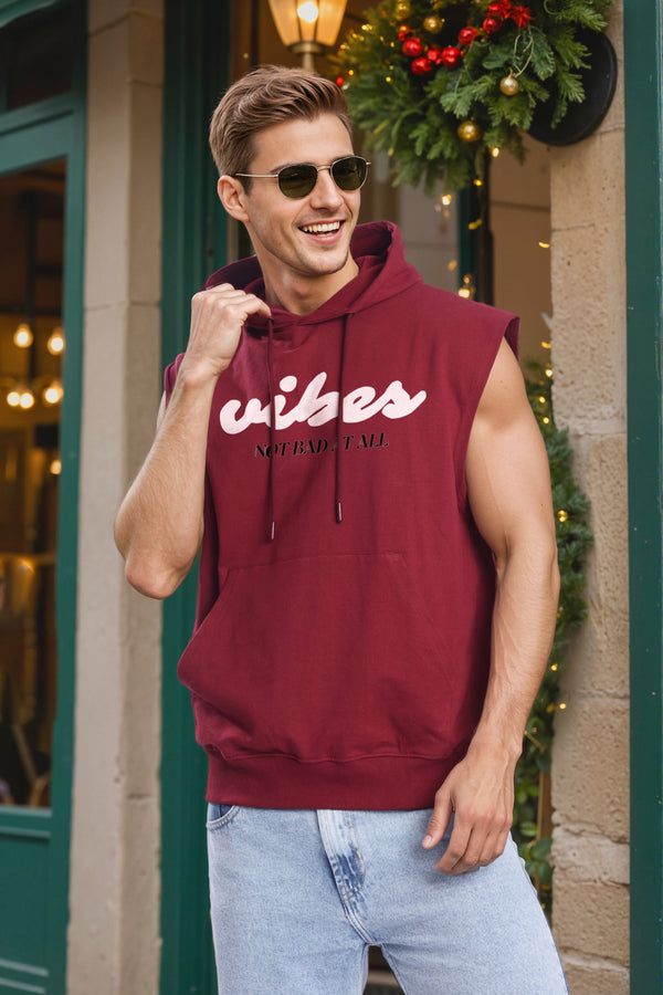 Men Maroon Graphic Printed Sleeveless Hoodie with kangaroo pocket
