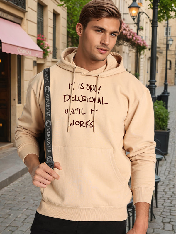 Men Relax Fit Kangaroo Pocket Graphic Printed Beige Hoodie