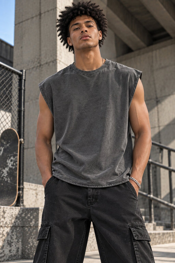 Men Grey Solid Acid Wash T-Shirt