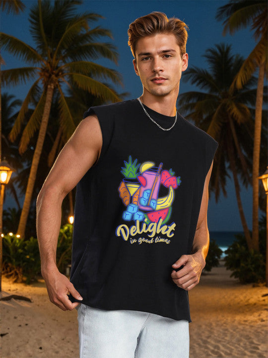 Men Black Sleeveless Graphic Oversized T Shirt